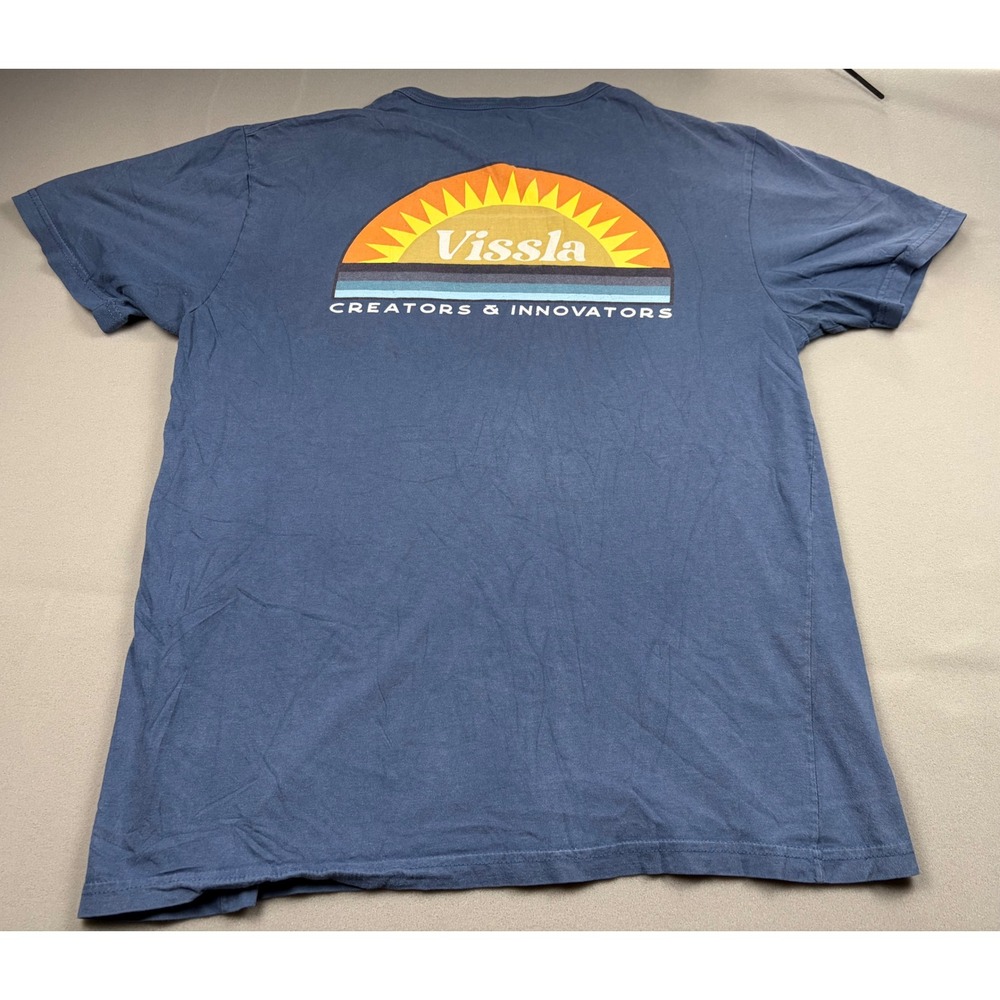 Vissla Mens Large Blue Organic Cotton Pocket T-Shirt Sun Graphic Vintage Wash